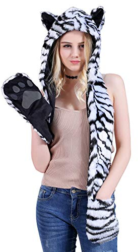 Petalum Damen Winter Warm Mütze Schal Handschuhe Set Kapuzen Handschuhe Warm Kapuzenschal Plüsch Tiere Bär Panda Wolf Paws Ohren Fellmütze