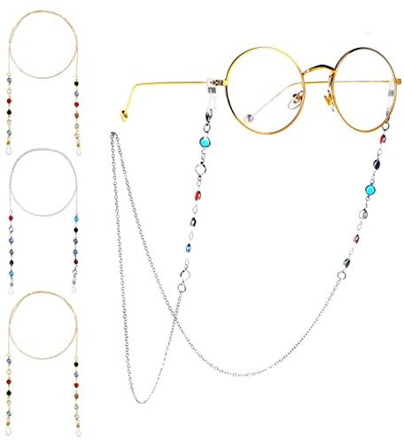 MengH-SHOP Brillenketten Elegante Brillenhalter Kette Bunte Glasperlen Sonnenbrillen Kette Frauen Lesebrillen Gläser Halskette mit Rutschfeste Kieselgelschnallen 4 Stück (Gold und Silber)