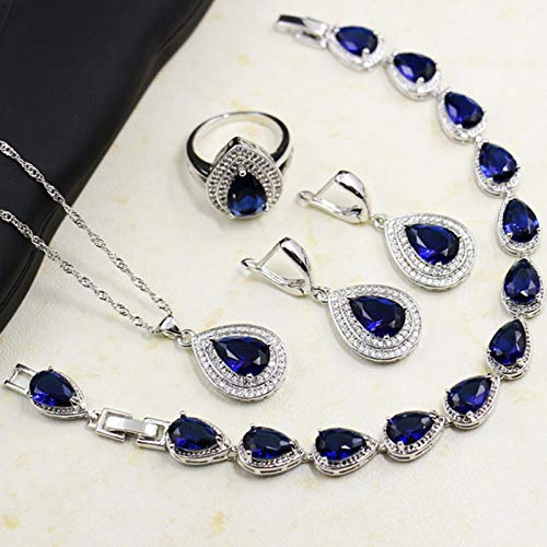Bwer Silber 925 Schmuck Set Wassertropfen Saphir Edelsteine ​​Zirkon Ring Ohrringe Halskette Armband für weibliche Hochzeit, 4SET, 6