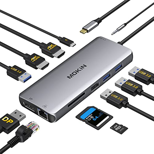 MOKiN 12-in-1 USB C Docking Station Dual Monitor With Triple Display, 2 HDMI, DisplayPort, 100W PD, 4 USB, Gigabit Ethernet, SD/TF, Audio Port - Multiport Adapter for HP/Dell/Lenovo