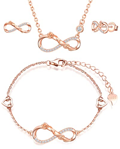 INFINIONLY Ensemble de bijoux, collier bracelet et boucles d'oreilles en argent 925, collier bracelet boucle d'oreille femme fille, pendentif de symbole infini et rose fleur, zircon incrusté, or rose