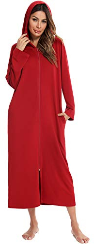 Veseacky 100% Jesery Cotton Nightgown for Women Long Sleeves Long Duster Robe(L,Wine Red)…