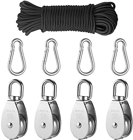 Umlenkrollen Für Seile, Umlenkrolle Klein Edelstahl, Flaschenzug Einzelsatz In Edelstahl 304 Mit 30 M(4mm) Hochfestes Nylon-flaschenzugseil Und Karabiner-karabinerhaken, Tragkraft 54kg (4PCS)