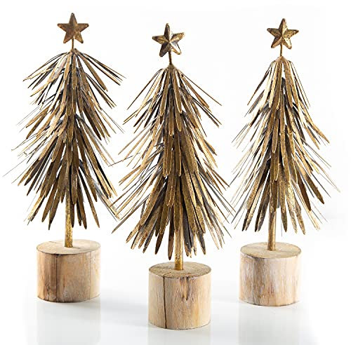 Logbuch-Verlag 3 eleganti alberi di Natale in metallo, 30 cm, decorazione natalizia vintage, da appoggiare, oro antico su base in legno