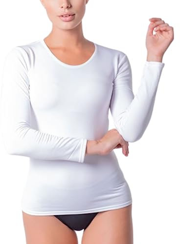 Valko Pull Hiver Femme – Tee Shirt Manche Longue Chaud et Doux avec Intérieur Doublé – sous Pull Élastique Idéal comme Vêtement Thermique d’Hiver (Blanc, M)