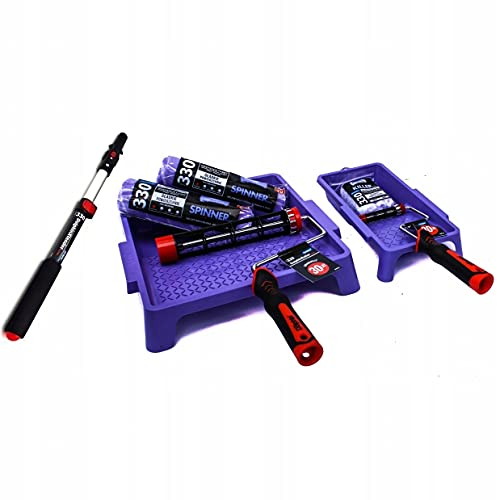 Malerset 9 tlg: 2x Farbroller Spinner - 2x Farbrolle Killer Mini - 2 x Roller-Griff - 2 x Farbwanne – Aluminiumstick- Streichsets für Wandfarbe -Farbzubehör Blue Dolphin – Made in EU (malset xxl)
