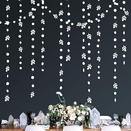 52Ft White Leaf Polka Dot Garland Party Decorations Paper Hanging Spring Olive Leaves Circle Dot Streamers Bunting for Birthday Wedding Baby Shower Engagement Bridal Bachelorette Tea Party Supplies