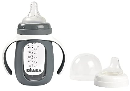 BÉABA, Tasse/Biberon d'apprentissage 2 en 1, En Verre, Housse Silicone, Solide, Sain, 100% Etanche, Poignées amovibles, 210ml, Gris minéral