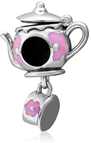 Magic Teapot and Teacup Charms, Fit Pandora Women Valentines Day Bracelet, 925 Sterling Silver Pink Enamel Tea Pot/Cup Beads, Gift for Wedding/Daughter and Wife/Couple