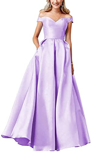 SAYNO Ballkleid für Damen, schulterfrei, A-Linie, lang, Satin, formelles Abendkleid mit Tasche, Flieder, 50
