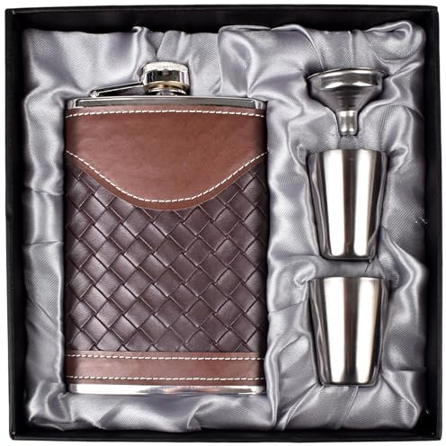 LHD HOME Flasque en cuir pour homme de 236,8 g, ensemble de flasques en acier inoxydable 304 avec entonnoir, verres à shot, joli cadeau pour whisky, rhum, témoin, témoin, mariage, camping, rayures en