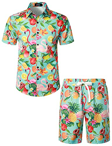 JOGAL Herren Hawaii Hemd Männer Flamingo Kurzarmhemd und Kurze Hose Set Strand Outfit Sommerhemd Für Mann Grün Frucht Flamingo Groß