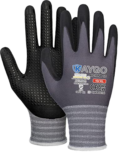 KAYGO 3 Paar Arbeitshandschuhe mit Grip Noppen für Anti-Rutsch Griff, KG19N, Nitril beschichtet Leicht Ölbestandig, Nahtlose Strick Nylon Schutzshandschuhe für Arbeit, Auto, Lager (Grau, XL, Gr 10)