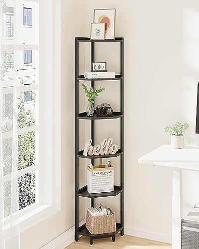 Hzuaneri Eckregal, 6-stöckiges Bücherregal, Standregal, Lagerregal, Eck-Bücherregal, Geeignet für Wohnzimmer, Arbeitszimmer und Büro, 30 x 30 x 167,5 cm, Schwarz CS06006B
