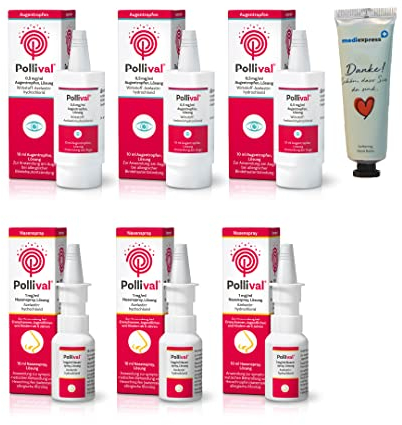 Pollival Augentropfen 3x10ml und Pollival Nasenspray 3x10ml inkl. eines Mediexpress Handbalsams