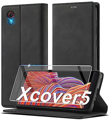 Handyhülle für Samsung Galaxy Xcover 5 Hülle Leder [Mit Xcover 5 Schutzfolie] für Samsung Xcover 5 Hülle Klappbar Leder Flip Wallet Stoßfeste Case Schutzhülle Klapphülle Galaxy Xcover 5 Hülle Holster