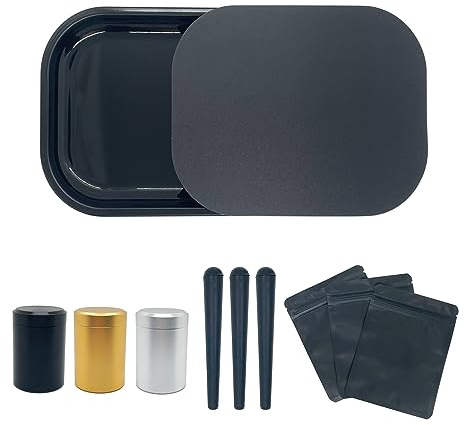TEESX Black Rolling Tray Combo,7 x 5.5 PVC Soft Magnetic Lid Small Rolling Tray Set for Home Storage or Travel,Includes Rolling Tray and Smoking Accessories