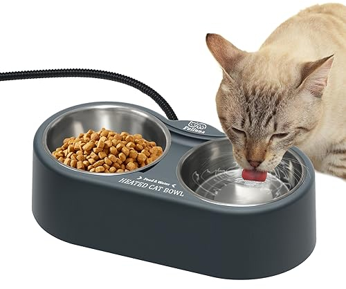 Fuliuna Heated Cat Bowl, Outdoor Heated Pet Bowl with Double Stainless Steel Bowl 40 OZ, Heated Water Food Bowl for Cat Pet, Thermal Pet Bowl Provide Drinkable Water and Hot Food in Winter