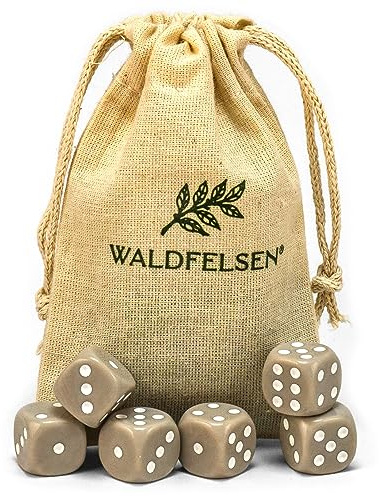 Waldfelsen 6, 12, 20, 30 oder 50 hochqualitative Würfel Standardgröße 16 mm Acrylwürfel Knobel Spielwürfel Dice 6-seitig sechsseitig Spielzubehör Set mit Stoffbeutel (Grau, 6 Stück)