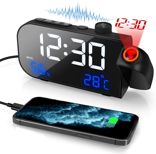 Despertador Relojes Digitales de cabecera para Dormitorio con Radio FM Relojes de proyección Despertadores controlados por Voz alimentados por USB con Semana, Temperatura, Humedad, repetición