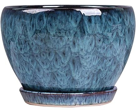 JTBDWOSK Pflanztöpfe Blumentöpfe Europäische Blaue Keramik Moderne Glasur Sukkulenten Pflanztopf mit Ablaufloch und Untertasse Runder Blumentopf for Drinnen und Draußen Kräuterschlangenpflanzen,Blau,M