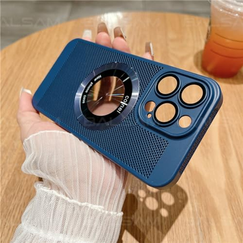 YUMESS Drahtlose Lade-Wärmeableitungs-Mesh-Telefonhülle für iPhone 14 13 12 Pro Max 14 Plus, Gitterkühlung, Harte PC-Rückseite, Marineblau, für iPhone 13