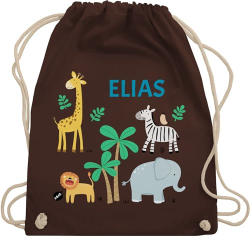 Turnbeutel Rucksack - Safari Tiere Zootiere Zoo Giraffe Zebra Löwe Elefant - Unisize - Braun - wechselsachen beutel kindergarten wechselwäsche wechselbeutel personalisierte rucksäcke kinder