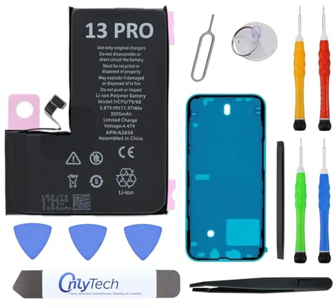 OnlyTech Premium-Ersatzakku für iPhone 13 Pro – 3095 mAh, identisch mit dem Original, Set mit 12 professionellen Werkzeugen und Displayschutz inklusive