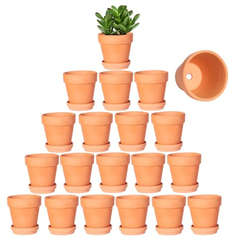 Kosrtuny Lot de 20 pots de fleurs en terre cuite de 7,6 cm avec soucoupe, avec trou de drainage, parfaits pour les plantes, le jardin, le rebord de fenêtre, l'intérieur et l'extérieur, cadeaux de
