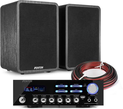 Fenton SHFB65 Bookshelf Speaker Systems with AV120BT Bluetooth Amplifier, Complete HiFi Stereo System with 6.5-Inch Two-Way Speakers, USB MP3 Playback Ideal for Home Audio Entertainment