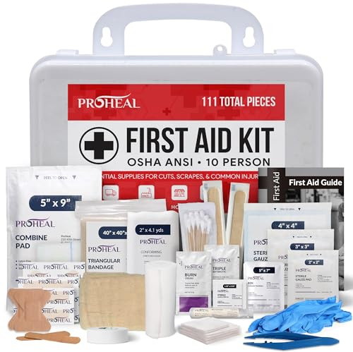 OSHA Compliant First Aid Kit - 10 Person, Type III, ANSI Class A, 111 Pieces Emergency Kit for Business, Office, Home, Vehicle, Truck, Car & Construction Site - Latex Free, Wall Mountable | ProHeal