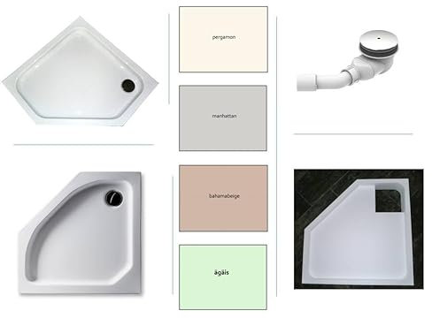 KOMPLETT-PAKET: Duschwanne fünfeck + Styroporträger/Wannenträger + Ablaufgarnitur (Dusche: Pergamon, Manhattan, Bahamabeige/Beige, Ägäis) (Pergamon, 100 x 100 x 2,5cm)