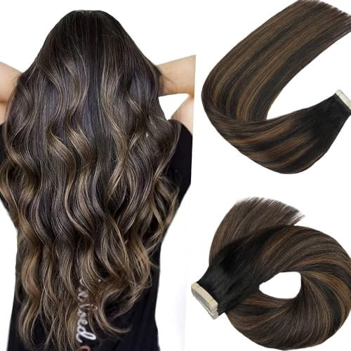 HotLulana Tape Extensions Echthaar Balayage Natürliches Schwarz bis Chestnut Braun Extensions Echthaar 14zoll/35cm 40g Invisible 100% Natürliche Skin Weft Tape in Extensions Echthaar 20pcs #1B/1B/6.