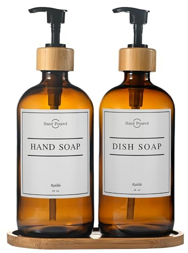 2 Pack Amber Soap Dispenser with Bamboo Tray, 500ml Glass Soap Dispenser, Soap Dispenser Bathroom & Kitchen, Hand soap Dispenser, Refillable Glass Pump Bottle with Waterproof Labels