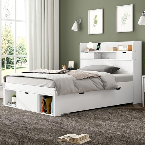 Kinderbett Einzelbett 90x200, Stauraumbett Funktionsbett mit USB-Port & Schubladen & Stauschrank, Multifunktionales Bett Jugendbett Bettrahmen mit Großer Stauraum und Lattenrost, Massivholz, Weiß