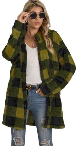 LIAMERHE Femme Manteaux Polaire Moda Veste a Carreaux Femme Pull Cardigan Coupe Normale Mi-Longue Sweat en Polaire Hiver Chaud Décontractée Doux Ample Veste Vert S