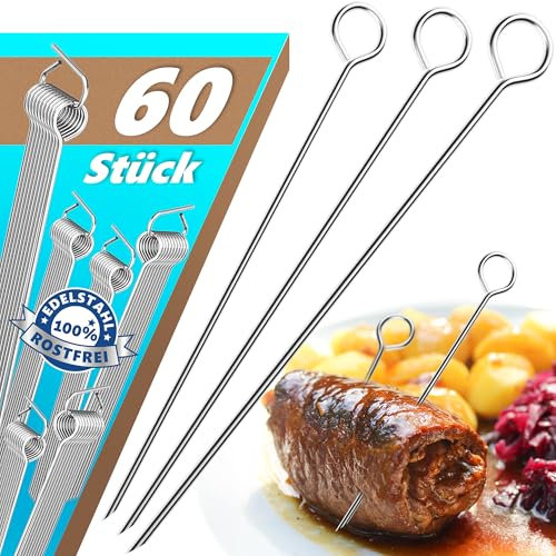 Menz Rouladennadeln, SET - 60 Stück Rouladennadeln Edelstahl rostfrei, 10 cm lange Rouladenspieße mit Grifföse und scharfer Spitze als praktischer Ersatz für Rouladenklammern