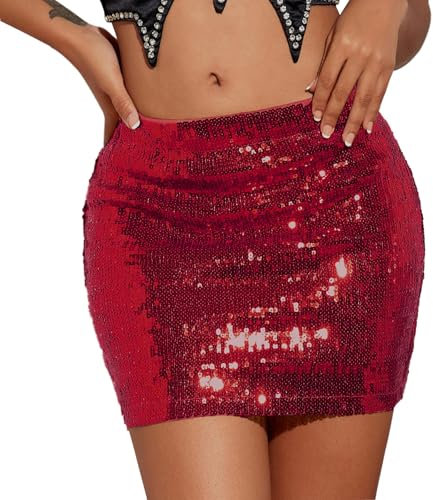 Durio Pailletten Rock Mini Skirt Glitzer Rock Niedrige Taille Sexy Minirock Fasching Karneval Party Festival Outfit Damen Rot L