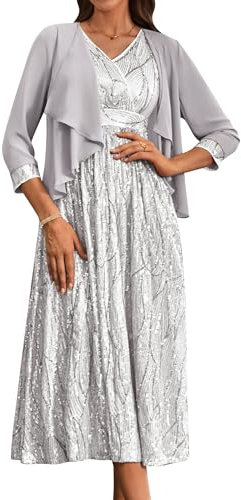 GRACE KARIN Damen 2024 Elegant Glitzer Chiffon Kleid Pailletten 2 Set Ballkleid Vintage 70er Ärmellos Cocktailkleid -Line Maxi Abendkleid Ball Party Silbergrau 48