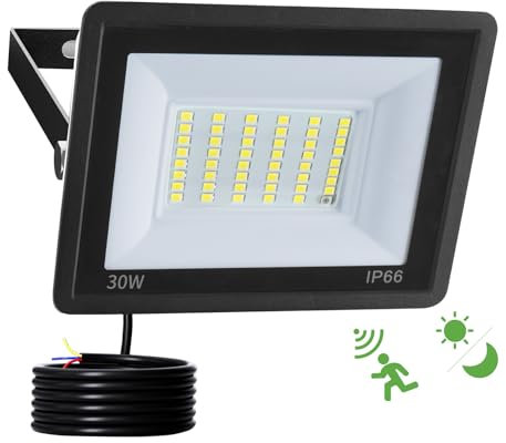 Fosingut Projecteur LED Extérieur Detecteur de Mouvement 30W,3000LM 6500K Spot LED Extérieur avec Capteur Radar et Crépusculaire,IP66 Étanche Éclairage de Sécurité pour Jardin,Cour,Garage,Murale