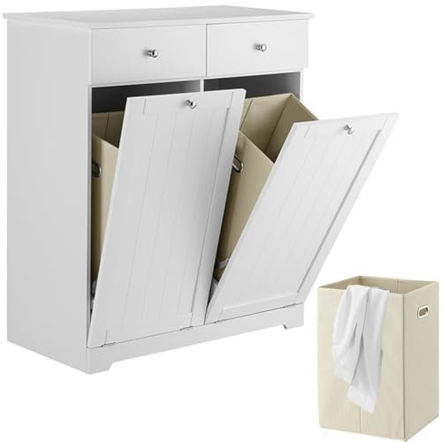 BAKAJI Mobile Portabiancheria da Bagno Bianco 2 Ante a Ribalta con Cesto per Biancheria, Mobiletto Lavanderia in Legno con 2 Cassetti, Capacità 15 kg con 2 Cestini per Bucato, 78 x 38 x 90 cm