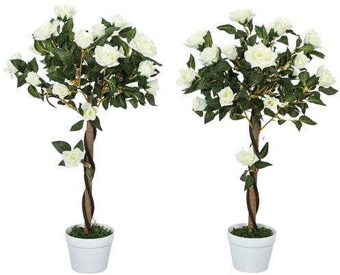 Outsunny Set of 2 90cm/3FT Artificial Rose Tree, Fake Decorative Plant with Pot, Indoor Faux Decoration Home Office Decor, White