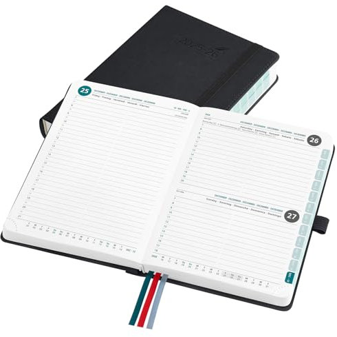 BEZEND 16-Monate Kalender 2025 2026 (Sep 25-Dez 26), Tagesplaner 1 Tag 1 Seite mit Zeitleiste, 30 Minuten Takt Tageskalender din B6 12 x 17 cm, Terminplaner 25/26 mit PU-Leder Hardcover, Schwarz