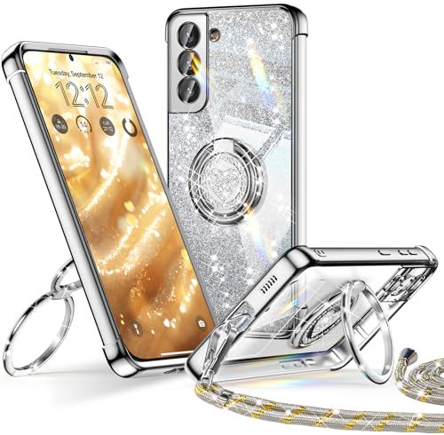 XYZ für Samsung Galaxy S21 Hülle mit Band, Herzen Doppelring Ständer Luxus Glitzer HandyHülle, Frauen Stoßfest Elektroplattiert Soft TPU SchutzHülle Clear Samsung S21 Case, Silber