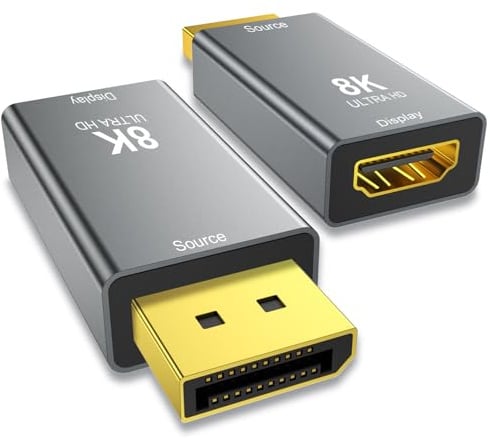 SWITCHFLUX Lot de 2 adaptateurs DisplayPort 1.4 vers HDMI 2.1 (8K @ 60 Hz, 4K @ 144 Hz), convertisseur DP unidirectionnel (Source) vers HDMI (Display) compatible avec PC, ordinateur de bureau, AMD