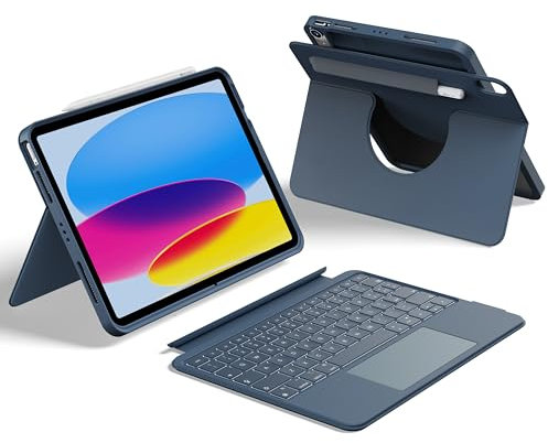 HOU Custodia con Tastiera per iPad A16 11a/10a Gen,Tastiera Rotabile e Staccabile per iPad 11/10,Portapenne Elastico,Copertura di Protezione Completa,Retroilluminazione a 7 Colori,Trackpad Multi-Touch
