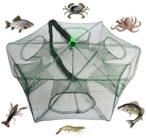 Fishing Köderfischreuse, kleine Fischfalle, Nylon Fischernetzfalle, Tragbare Falle Fischfallen, Faltbarer Fischreuse, 6 Löche Cast Mesh Trap, zum Fangen von Aalen,Krabben,Hummer,Garnelen und Krabben