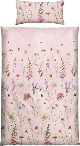 REDBEST Seersucker Bettwäsche Wiesenblumen Rose Größe 40x80 cm / 155x220 cm - sommerlich-leicht, pflegeleicht, bügelfrei, mit Reißverschluss