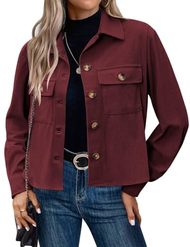 Hotouch Veste Femme Velours Côtelé Blouson Bombers Chic Veste Courte | Button Down, Décontracté, Automne Hiver, Jacket avec Poches