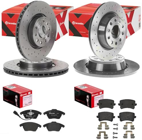brembo Xtra Bremsscheiben + Beläge vorne + hinten | 09.9772.1X + P85075 + 08.A202.1X + P85109 passend für Passat 3C B6 B7 CC